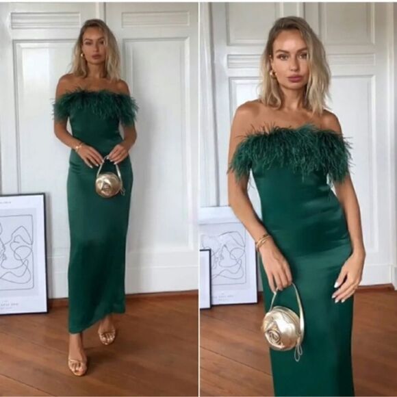 BLOGGER’S FAVE | NWT Zara - Green Feather Satin Effect Strapless Dress - Picture 14 of 16